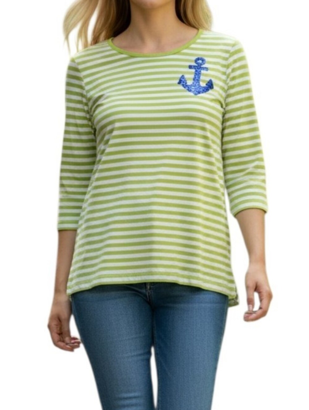 Quaker Factory Lime Green Striped Nautical Sequin Anchor Blouse